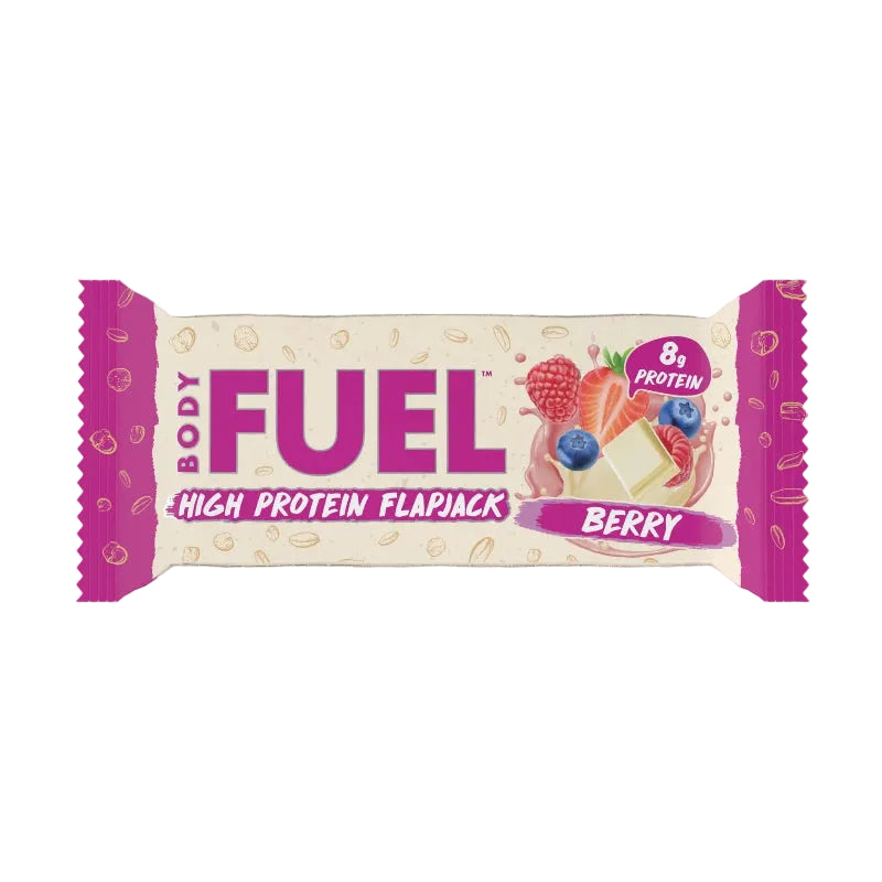 Body Fuel high protein flapjack berry flavor on a gray background