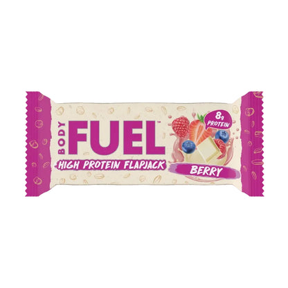 Body Fuel high protein flapjack berry flavor on a gray background