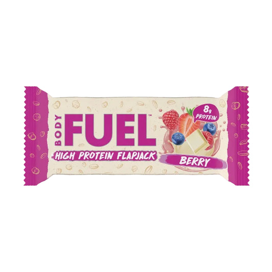 Body Fuel high protein flapjack berry flavor on a gray background