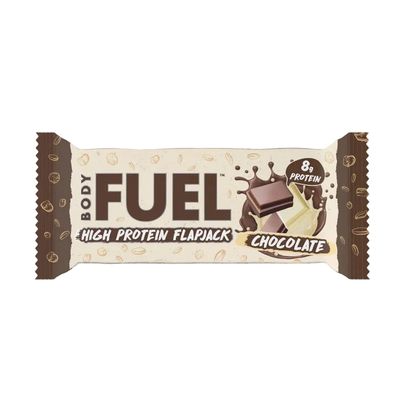 Body Fuel high protein flapjack chocolate bar on a gray background