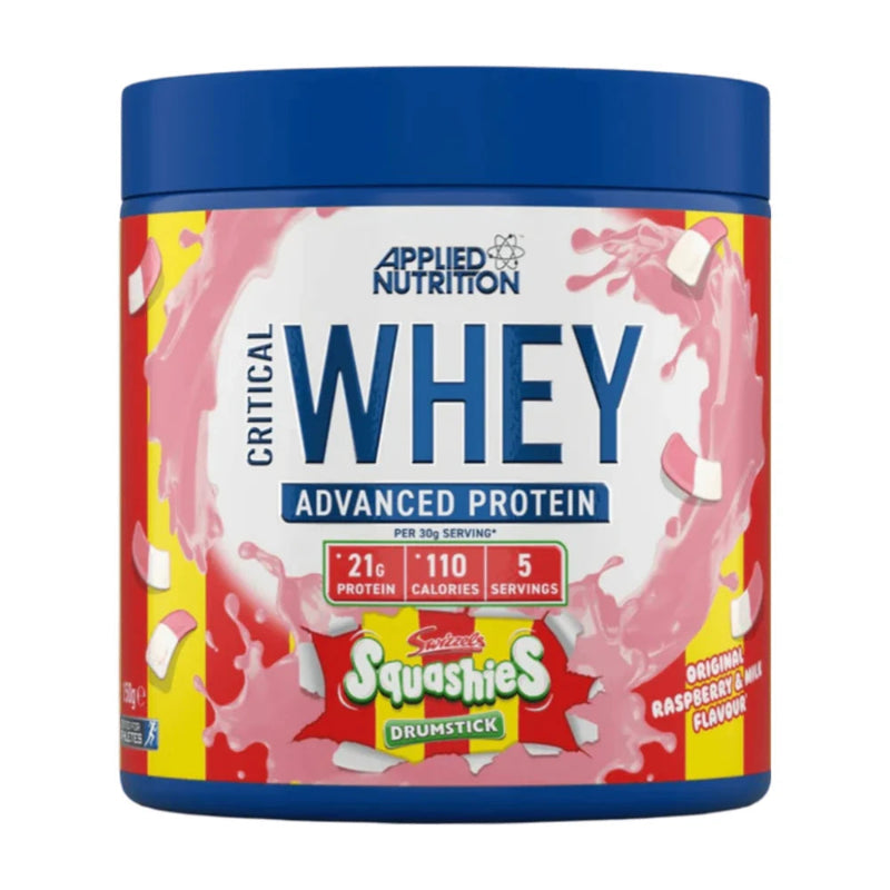 Applied Nutrition Critical Whey protein powder container with Squashies Drumstick flavor on a white background