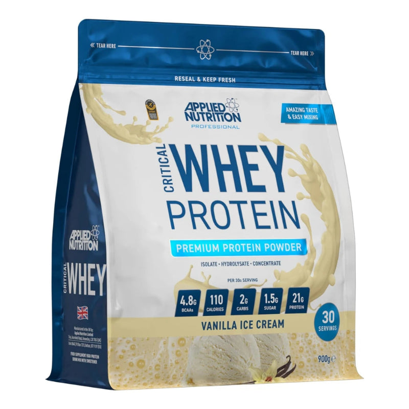 Applied Nutrition Critical Whey Protein package with vanilla ice cream flavor on a white background
