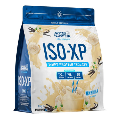 Applied Nutrition ISO-XP Whey Protein Isolate package with vanilla flavor on a white background