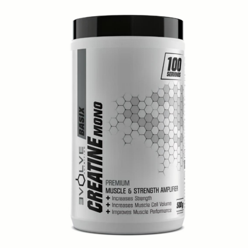 Creatine monohydrate supplement large container with black lid on a white background