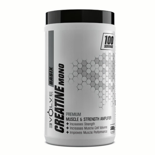 Creatine monohydrate supplement large container with black lid on a white background