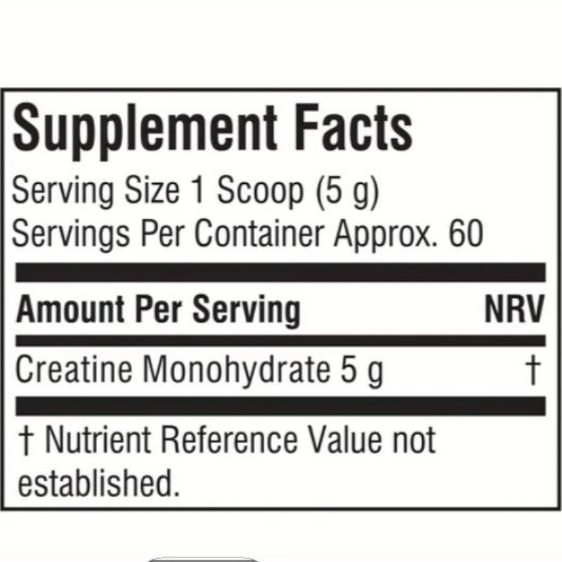 Supplement facts label with creatine monohydrate content on a white background