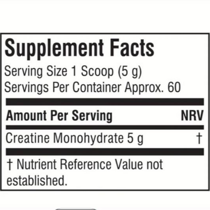 Supplement facts label with creatine monohydrate content on a white background