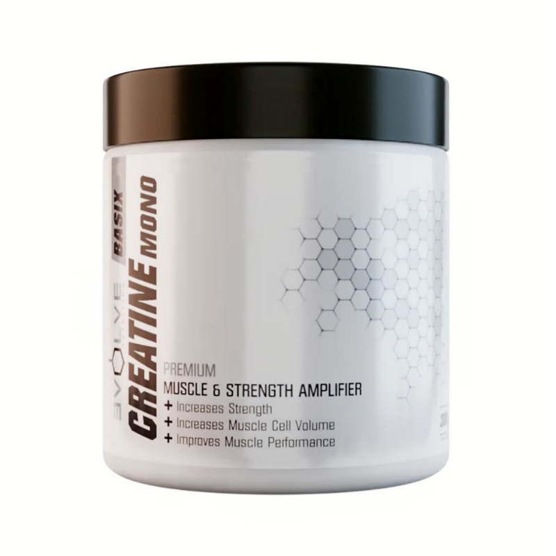 Creatine monohydrate supplement small container with black lid on a white background