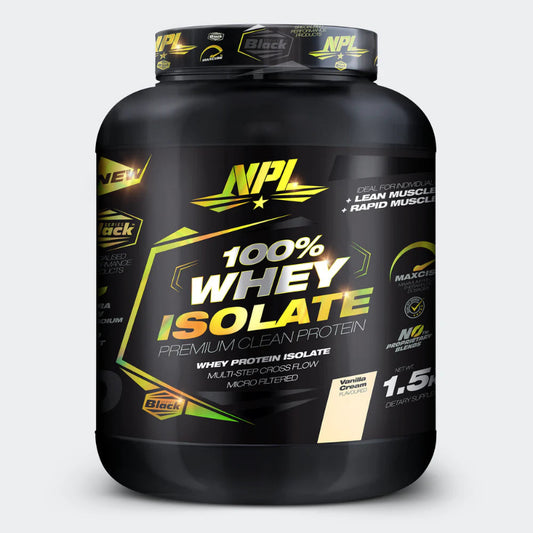 A container of NPL 100% Whey Isolate in vanilla cream flavor, 1.5kg.