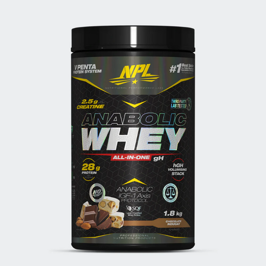 A container of NPL Anabolic Whey protein powder in chocolate flavour, 1.8 Kg in size.