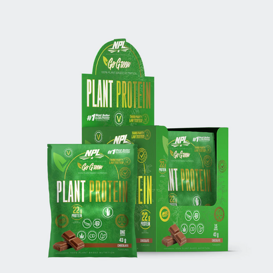 A green package of NPL Plant Protein sachet with 32g of chocolate flavored protein, with visual emphasis on the plant-based source and nutritional information.
