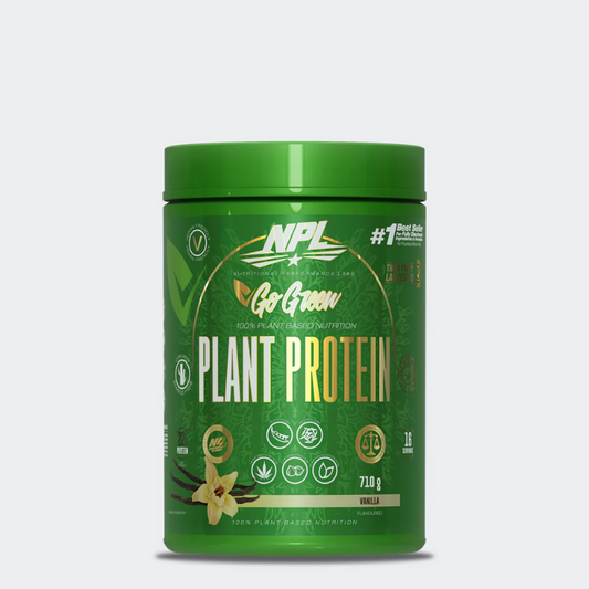 A green plastic container of NPL Plant Protein powder in vanilla flavor, with the brand's logo and the words '100% Organic Plant Protein' displayed on the label.