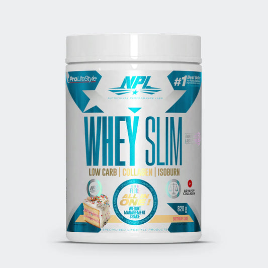 A container of NPL Whey Slim nutritional supplement powder. The label indicates it is low carb, collagen, and isoburn, with a weight of 820g. It is birthday cake flavoured.