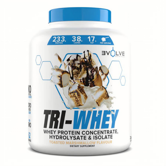 Tri-Whey protein supplement container with toasted marshmallow flavor on a white background